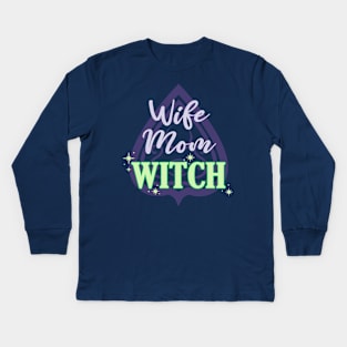 Wife Mom Witch - Funny Purple and Green Halloween Quote Kids Long Sleeve T-Shirt